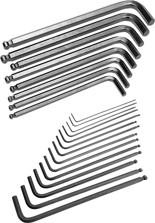 Alloy steel constructionBall end hex keys work at angles up to 25°Includes plastic holder for ea