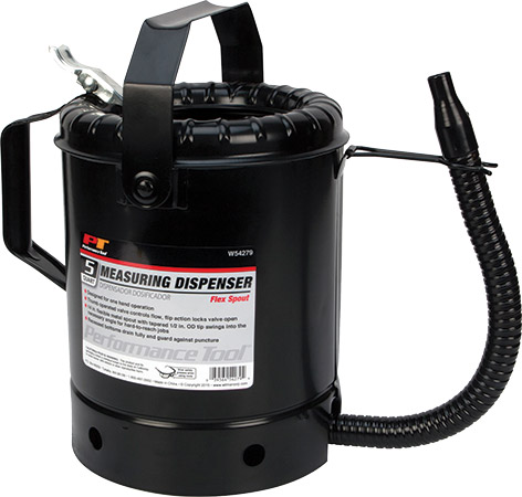5 Quart capacity, 14" flexible metal spoutDesigned for one handed operationThumb operated control va